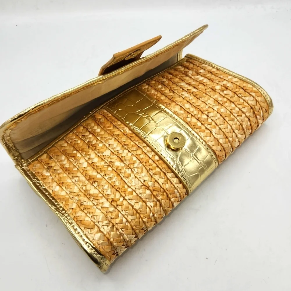 Big Buddha Straw Faux Leather Gold Crocs Trim Accents Fold Over Clutch